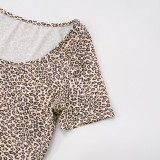Leopard Print Sexy Leopard Print Patchwork Off Shoulder Short Sleeve Two Pieces