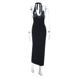 New Black Contrast Lace Decoration U-neck Slit Slim Fit Backless Dress