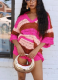 Rose Red Lapel Striped Stitching Sweater Fashionable Casual Two-Piece Suit