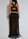 Sexy Solid Color Fringed Trim Ruched Asymmetrical Collar Sleeveless Two Pieces