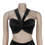 Sexy Solid Color Fringed Trim Ruched Asymmetrical Collar Sleeveless Two Pieces