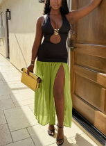 Sexy Deep V Sleeveless Halter Neck Dress With Hollow Laces and High Slits