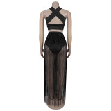 Sexy Solid Color Fringed Trim Ruched Asymmetrical Collar Sleeveless Two Pieces