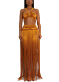 Sexy Solid Color Fringed Trim Ruched Asymmetrical Collar Sleeveless Two Pieces