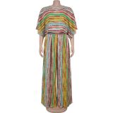 Green Yellow Casual Stripe Patchwork O Neck Half Sleeve Two Pieces