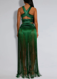 Sexy Solid Color Fringed Trim Ruched Asymmetrical Collar Sleeveless Two Pieces