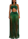 Sexy Solid Color Fringed Trim Ruched Asymmetrical Collar Sleeveless Two Pieces