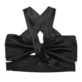 Sexy Solid Color Fringed Trim Ruched Asymmetrical Collar Sleeveless Two Pieces