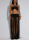 Sexy Solid Color Fringed Trim Ruched Asymmetrical Collar Sleeveless Two Pieces