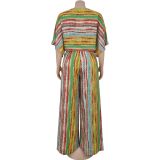 Green Yellow Casual Stripe Patchwork O Neck Half Sleeve Two Pieces