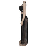 Sexy Solid Color Fringed Trim Ruched Asymmetrical Collar Sleeveless Two Pieces