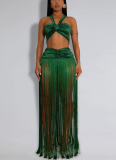 Sexy Solid Color Fringed Trim Ruched Asymmetrical Collar Sleeveless Two Pieces