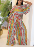 Green Yellow Casual Stripe Patchwork O Neck Half Sleeve Two Pieces