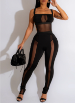 Fashion Women's Solid Color Mesh Suspender Trousers Black Suit