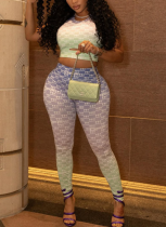 Green Casual Print Hollow Out O Neck Sleeveless Two Pieces