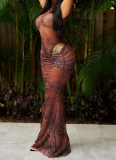 Sexy Hot Girl Mesh Animal Print Half-High Neck Sleeveless Maxi Dress Set