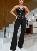 Sexy Solid Color Hollow Out Zipper Strapless Sleeveless Two Pieces