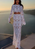 Vacation Solid Color Lace O Neck Long Sleeve Two Pieces