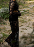 Vacation Solid Color Lace O Neck Long Sleeve Two Pieces