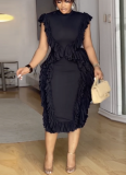 New Fashion Ruffle Waist Solid Color Hip Dress