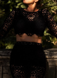Vacation Solid Color Lace O Neck Long Sleeve Two Pieces