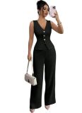 Summer New Solid Color V-Neck Sleeveless Slim Vest High Waist Trousers Two-Piece Set