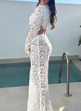 Vacation Solid Color Lace O Neck Long Sleeve Two Pieces