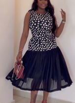 Fashionable and Fresh Printed Sleeveless Low Waist Slim Midi Dress