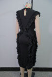 New Fashion Ruffle Waist Solid Color Hip Dress