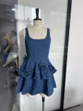 New Casual Style Suspender Three-dimensional Flower Double-layer Denim Skirt