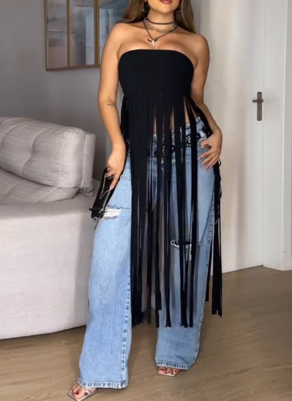 Sexy Solid Color Fringed Trim Strapless Tops