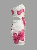 Pink Sexy Print Strap Design Strapless Sleeveless Two Pieces
