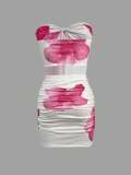Pink Sexy Print Strap Design Strapless Sleeveless Two Pieces