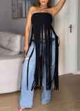 Sexy Solid Color Fringed Trim Strapless Tops