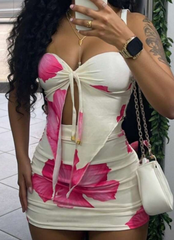 Pink Sexy Print Strap Design Strapless Sleeveless Two Pieces