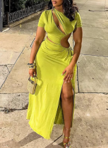 Sexy Solid Color Hollow Out Slit O Neck Long Dresses
