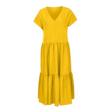 Solid Color V-neck Ruffled Hem Short-sleeved Long Dress