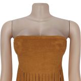 Sexy Solid Color Fringed Trim Strapless Tops