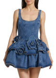 New Casual Style Suspender Three-dimensional Flower Double-layer Denim Skirt