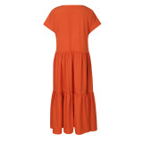 Solid Color V-neck Ruffled Hem Short-sleeved Long Dress