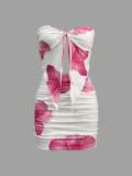 Pink Sexy Print Strap Design Strapless Sleeveless Two Pieces