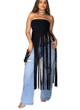 Sexy Solid Color Fringed Trim Strapless Tops