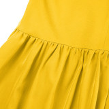 Solid Color V-neck Ruffled Hem Short-sleeved Long Dress