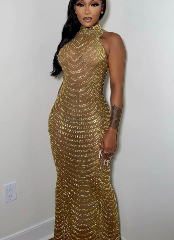 Sexy Mesh See-through Nightclub Rhinestone Dress
