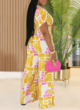 Yellow Fashionable Casual Printed Short-sleeved Jumpsuit