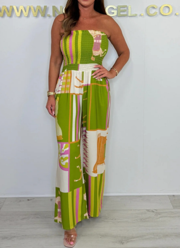 Casual Tube-top Pleated Multi-color Printed Oversized Jumpsuit