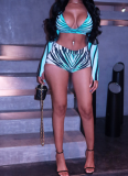 Green Sexy Print Patchwork Deep V Neck Long Sleeve Two Pieces