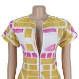 Yellow Fashionable Casual Printed Short-sleeved Jumpsuit
