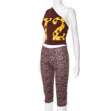 Brown Off-shoulder Navel-baring Printed Offset Vest and Cropped Pants Set