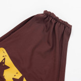 Brown Off-shoulder Navel-baring Printed Offset Vest and Cropped Pants Set